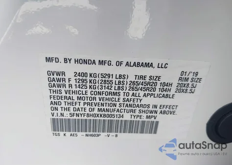 2019 Honda Passport Elite из США, поврежденный, VIN 5FNYF8H0XKB005134